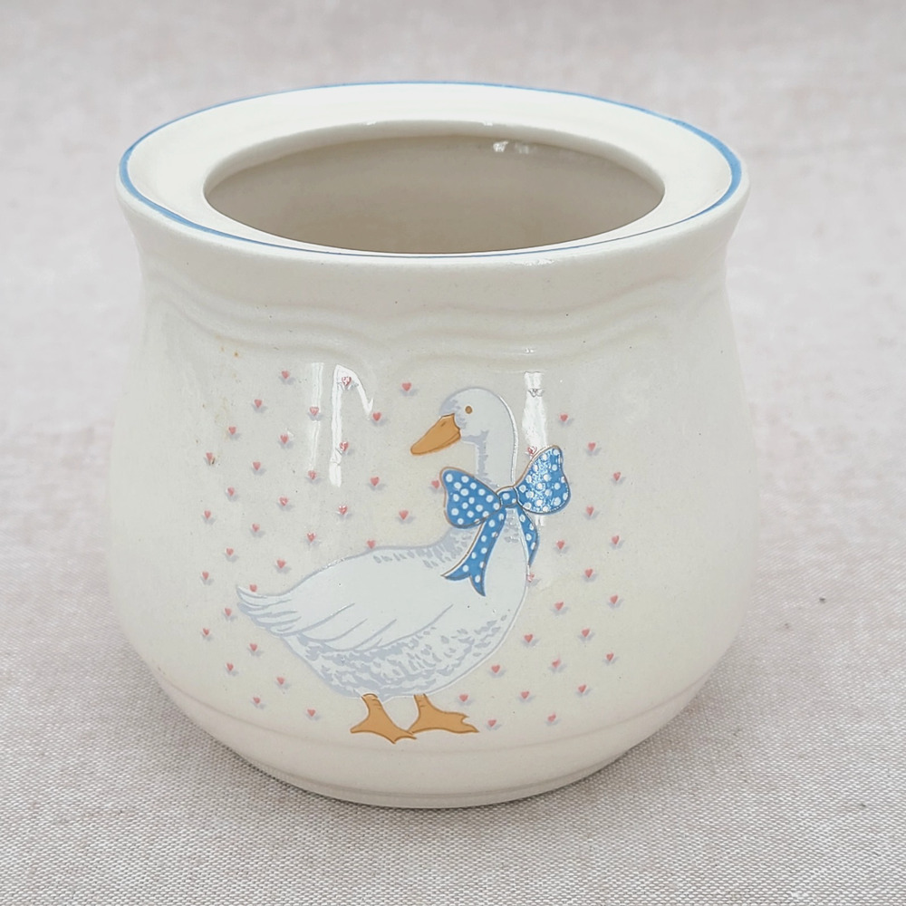 Stoneware Aunt Rhody Country Goose w/ Blue Bow Canister / Sugar Bowl / Planter